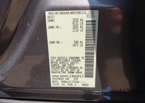 2015 Nissan Altima 2.5/2.5 S/2.5 Sl/2.5 Sv z USA, uszkodzony, nr VIN 1N4AL3AP4FC286957